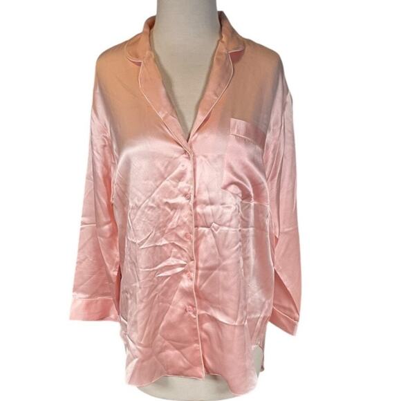 Nordstrom 100% Silk Small Long Back Pajama Top Long Sleeve Baby Pink White Trim - Picture 1 of 13